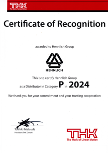 Certifikát P-premium distribútora produktov THK